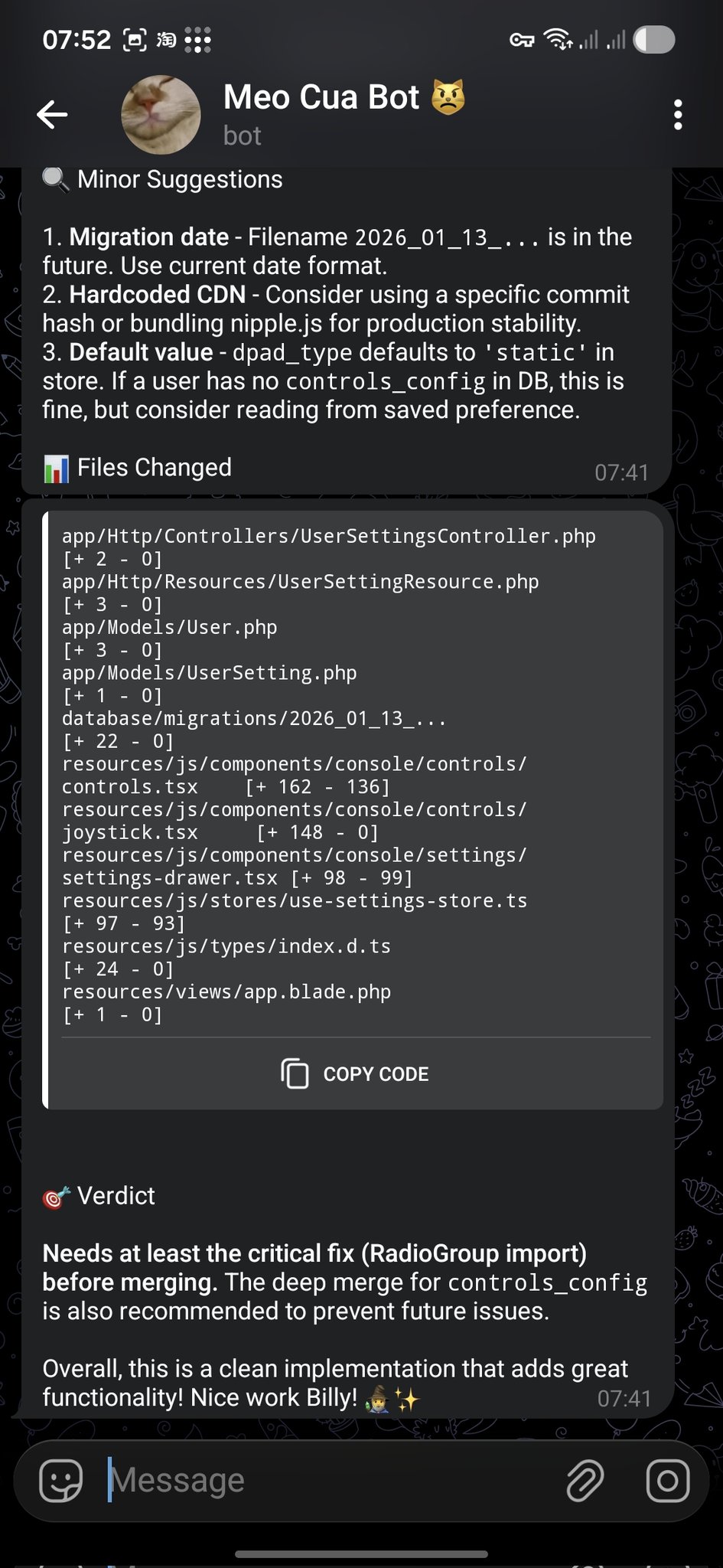 Moltbot PR review feedback delivered in Telegram