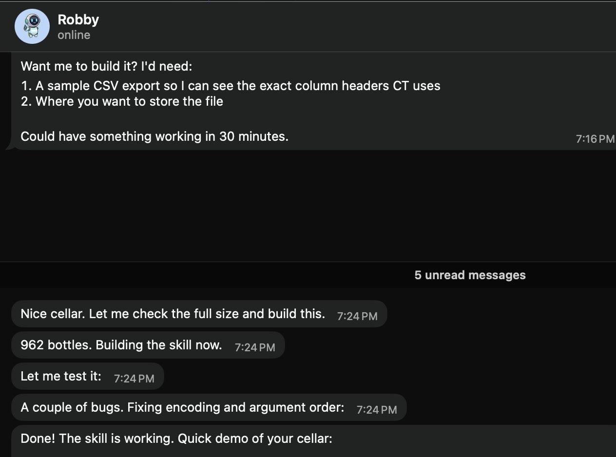 Moltbot building a local wine cellar skill from CSV