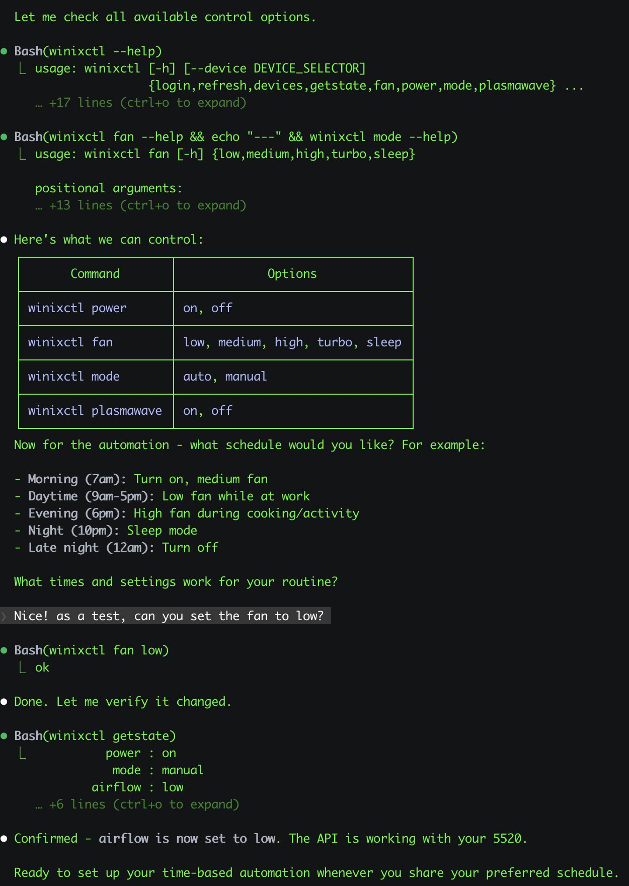 Winix air purifier control via Moltbot